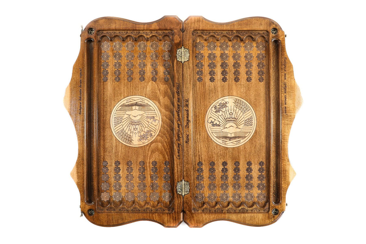 Coat of arms of Tajikistan backgammon with copyrighted Mount Ararat outline two-sided - HrachyaOhanyan Co