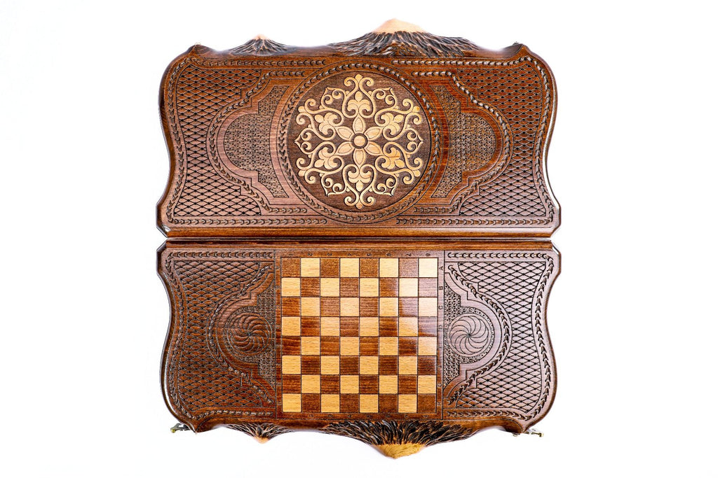 Backgammon With Ornamental Snowflake Motif With Copyrighted Mount Ararat Outline - HrachyaOhanyan Co