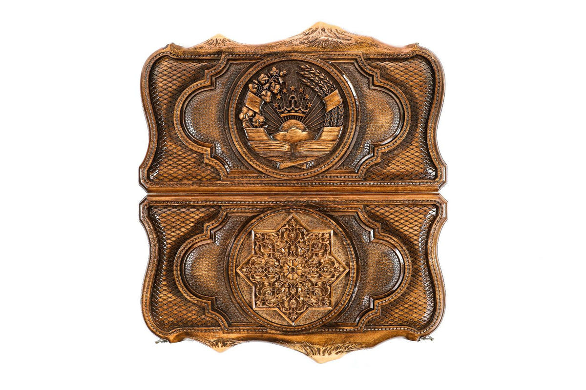 Coat of arms of Tajikistan backgammon with copyrighted Mount Ararat outline two-sided - HrachyaOhanyan Co