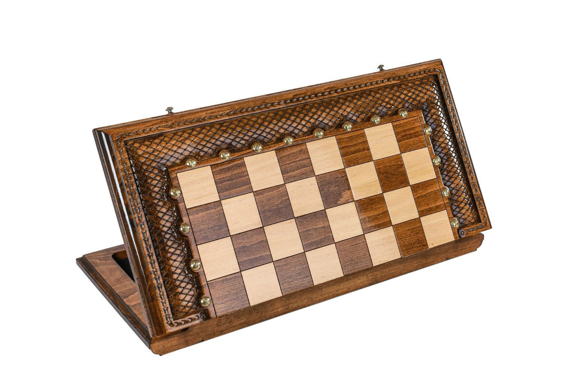 Juego de ajedrez clásico con borde de celosía y letras de bronce, 50 cm – foto 3