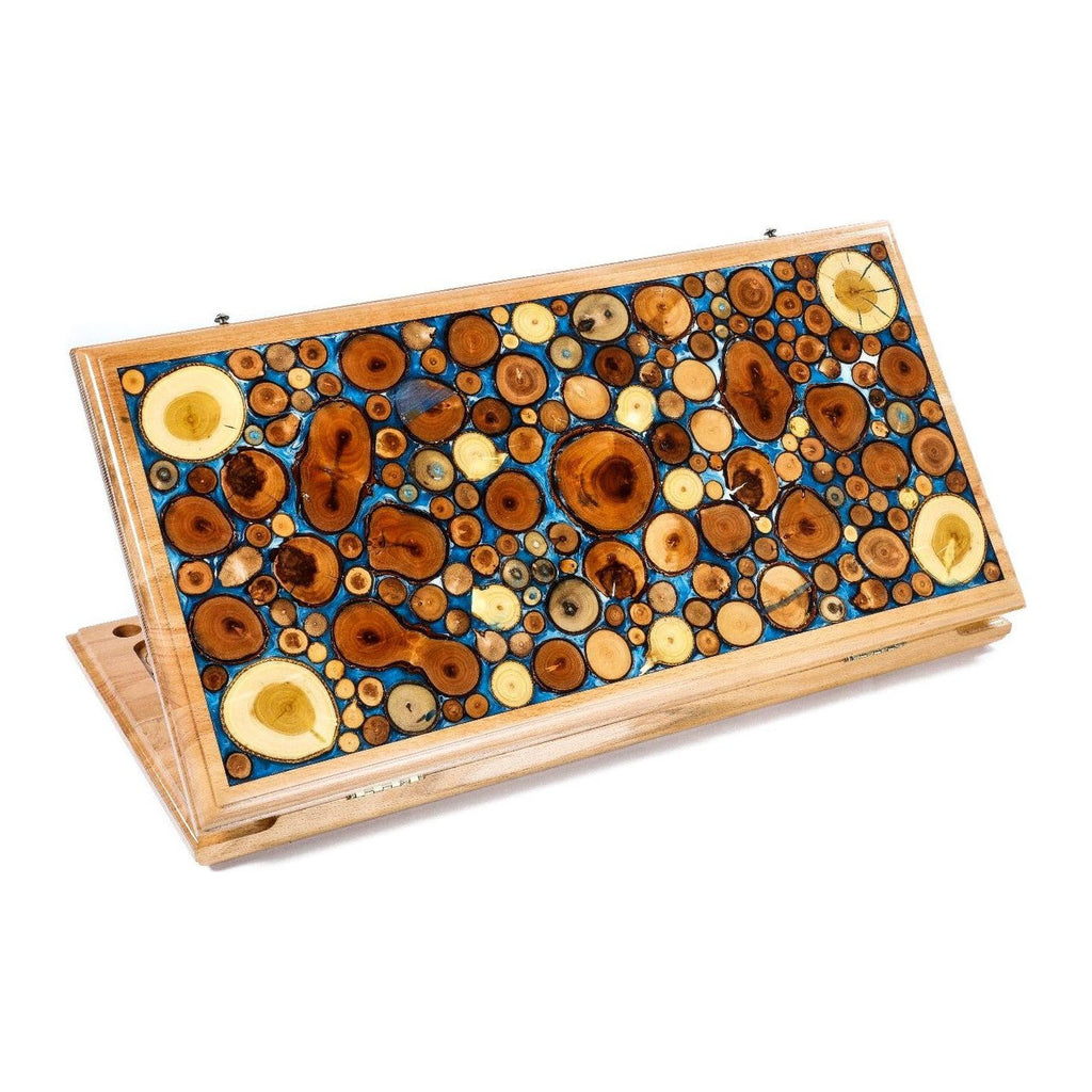 Backgammon With Tree Branch Slices And Epoxy Two-Sided Classic Blue - HrachyaOhanyan Co