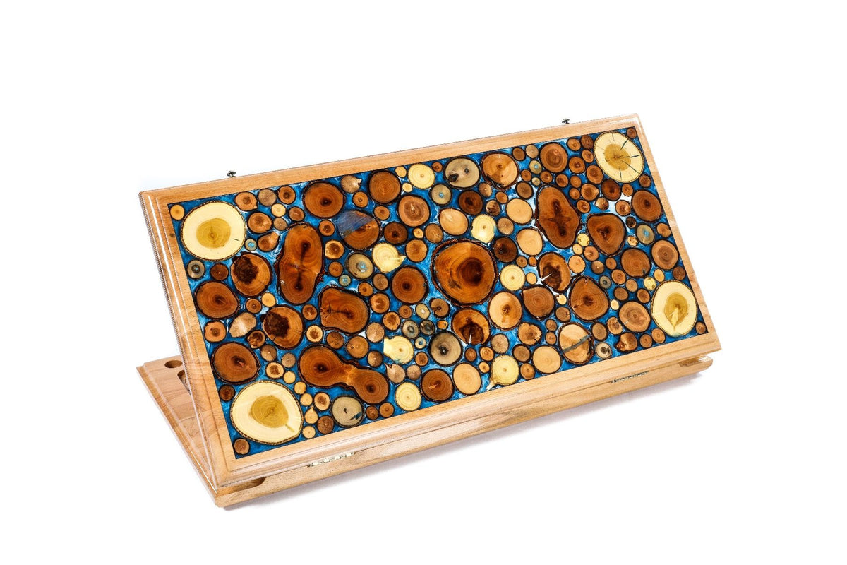 Backgammon With Tree Branch Slices And Epoxy Two-Sided Classic Blue