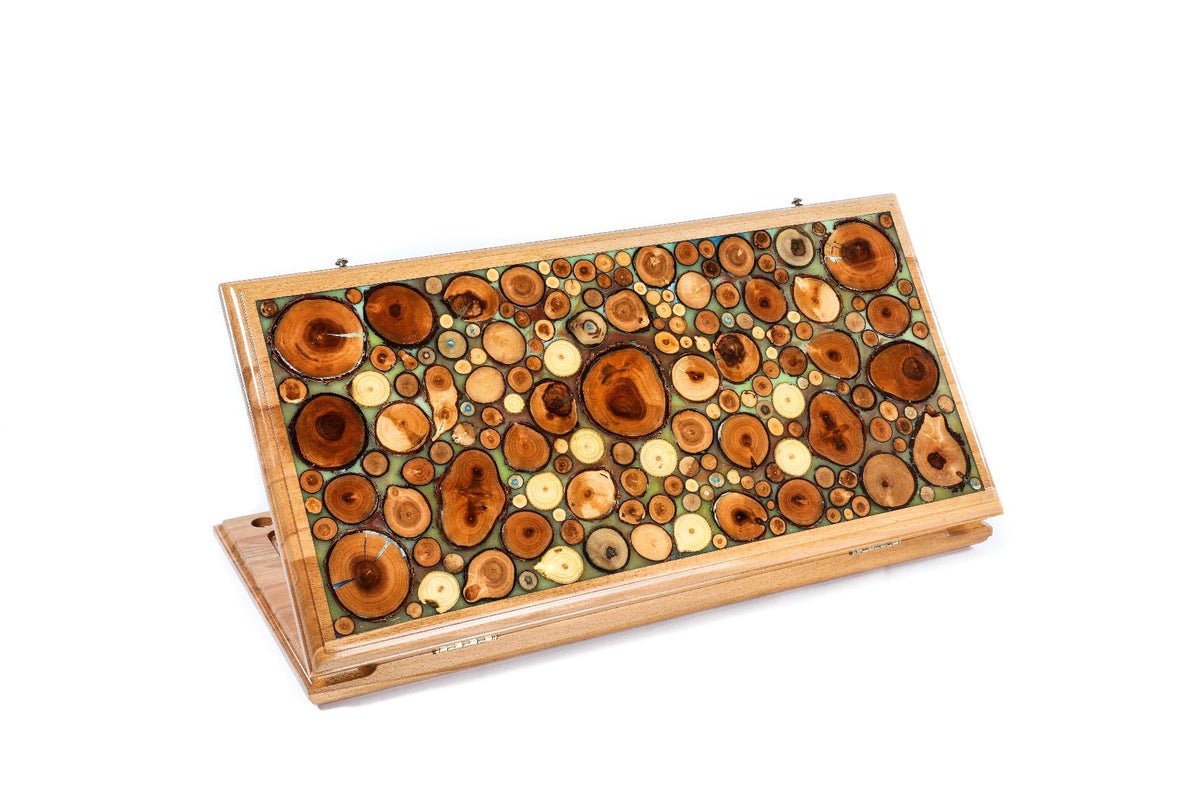 Backgammon With Tree Branch Slices And Epoxy Two-Sided Classic Turquoise