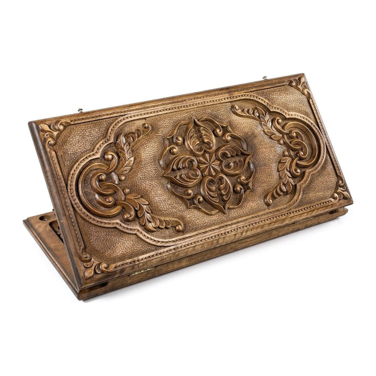 Beidseitiges Backgammon mit Rankenornament im Flachrelief, Nussbaum, 60 cm