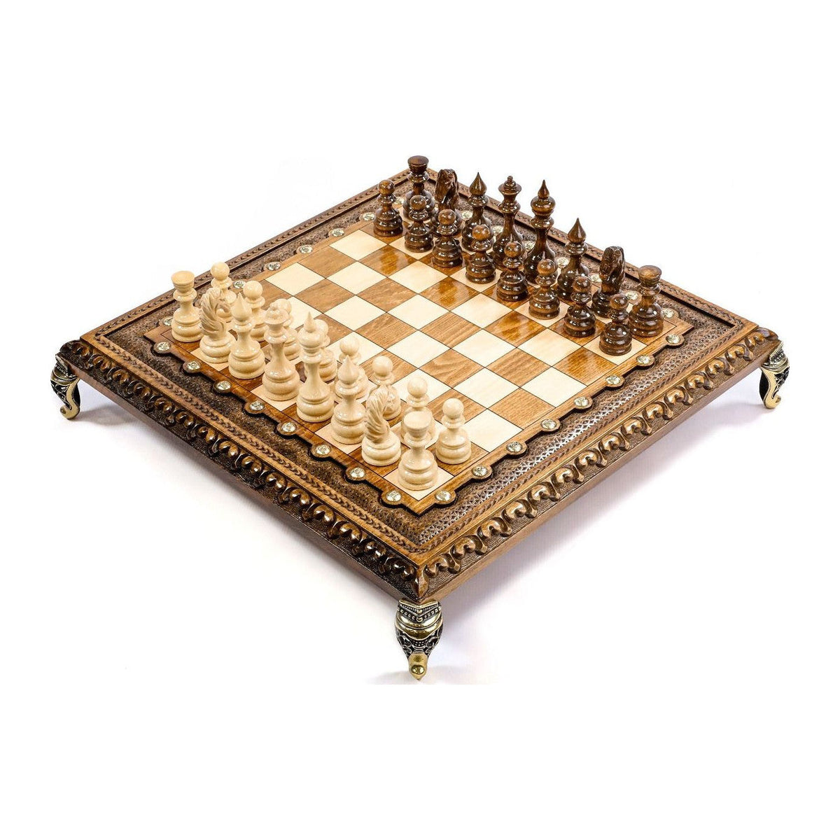 Tablero de ajedrez cuadrado sobre patas de bronce, acabado claro, 40 cm