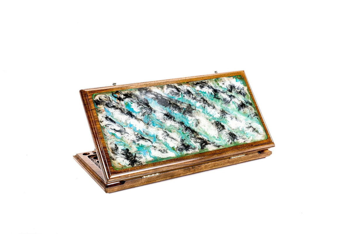 Zweiseitiges Backgammon-Set mit abstraktem Epoxidharz-Design, 50 cm