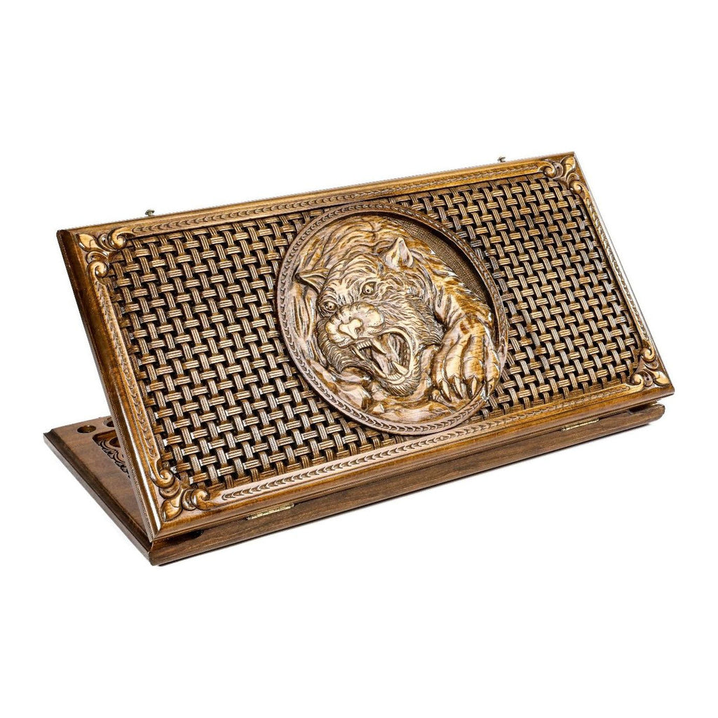 Tiger-Octagon backgammon set with carved tiger medallion and woven lattice, 60 cm