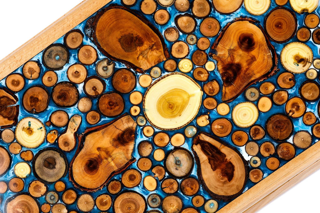 Backgammon With Tree Branch Slices And Epoxy Two-Sided Classic Blue - HrachyaOhanyan Co