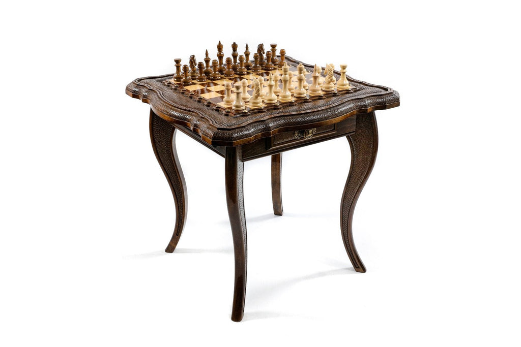 Dark Varnished Chess Table with Drawers & Contour Outline, 60 cm – photo 2