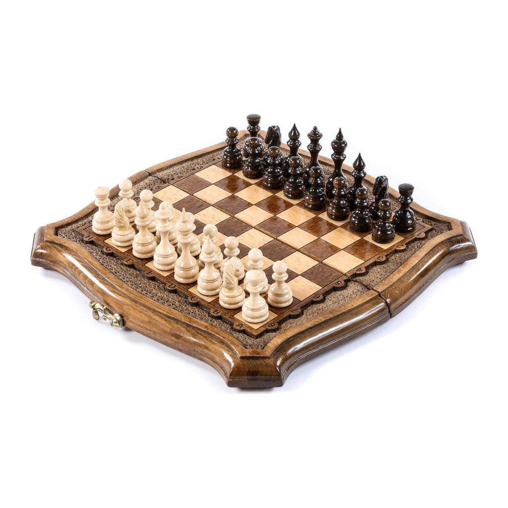 Wooden Travel Chess Set with Contour Outline, 24 cm – handmade by Hrachya Ohanyan