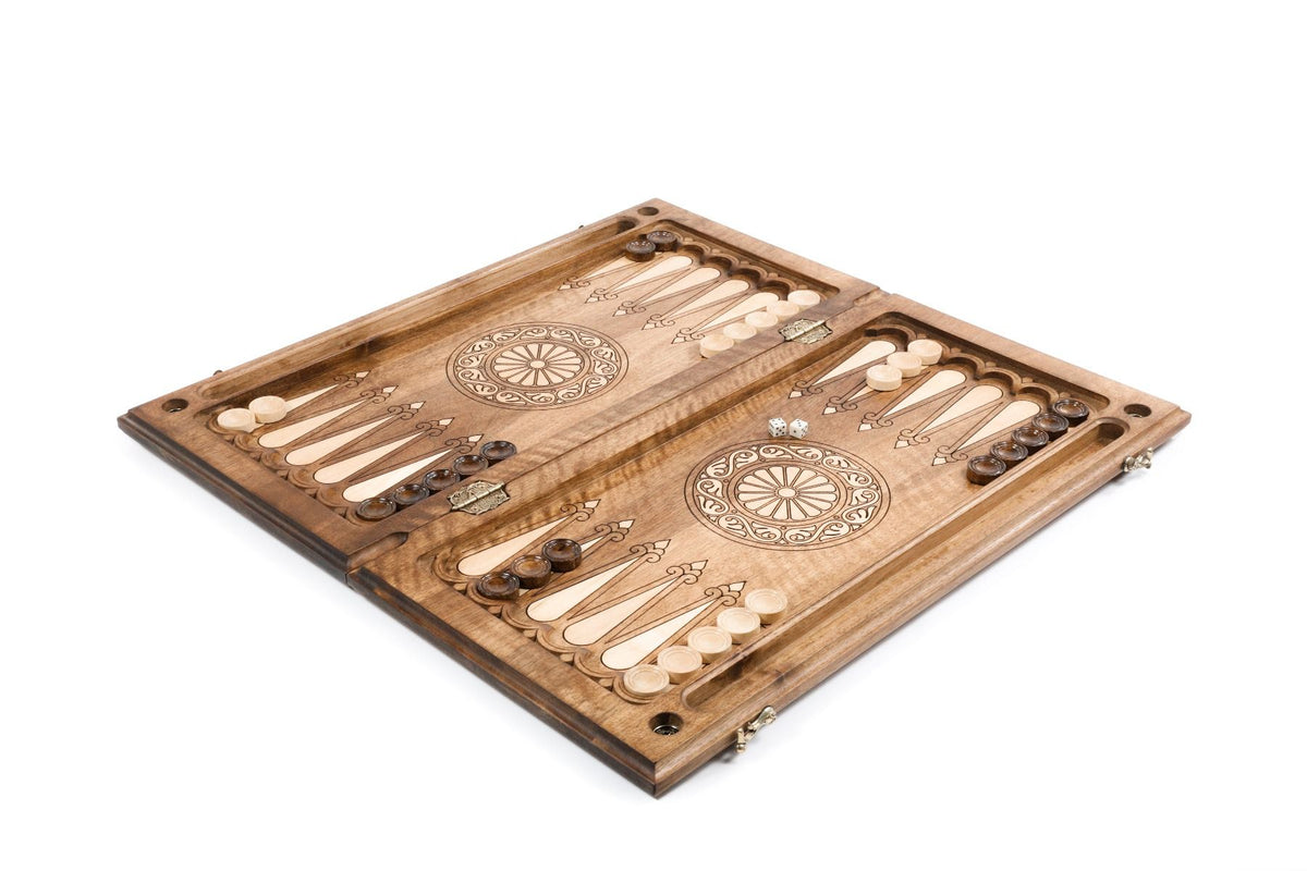 Beidseitiges Backgammon mit Rankenornament im Flachrelief, Nussbaum, 60 cm – Foto 5