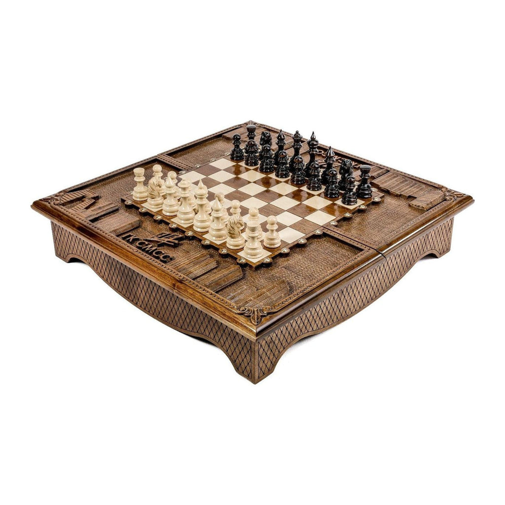 Carved Wooden Box-Style Chess Set, 60 cm – handmade by Hrachya Ohanyan