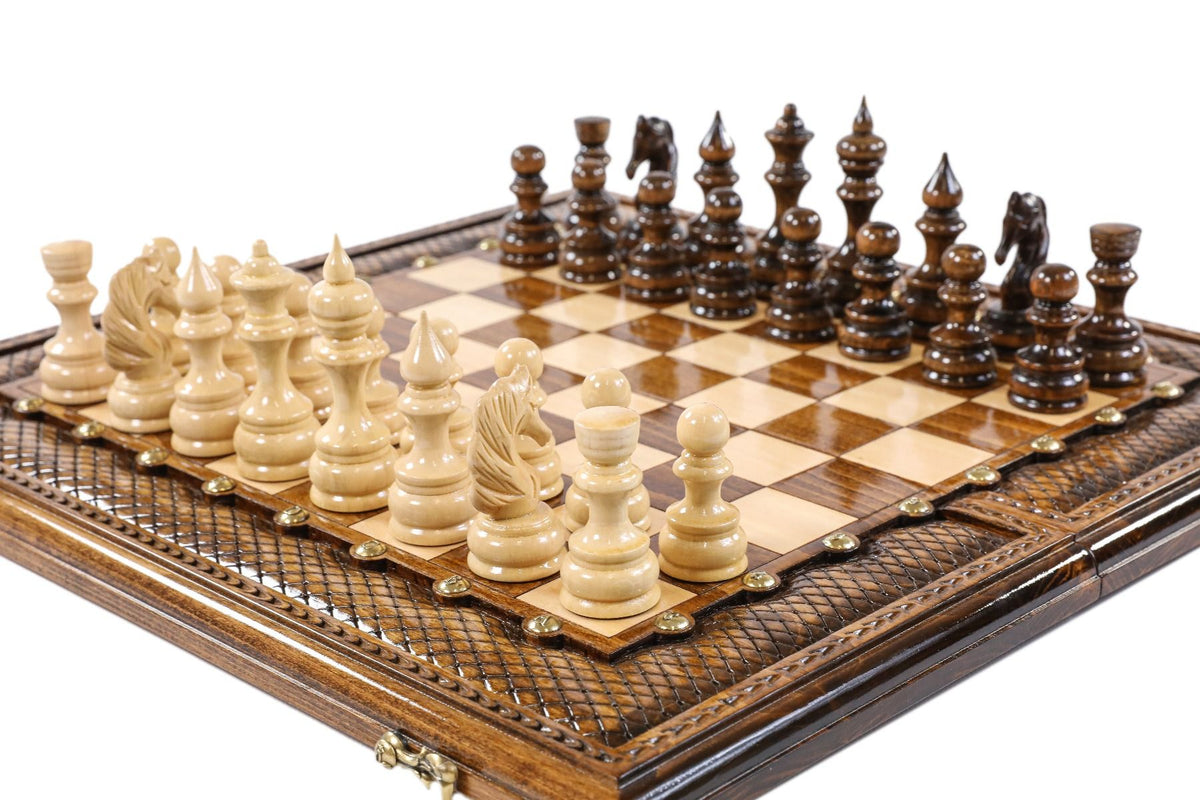 Juego de ajedrez clásico con borde de celosía y letras de bronce, 50 cm – foto 2