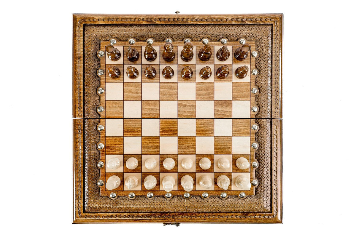 Juego de ajedrez clásico con tachuelas y letras de bronce, 40 cm – foto 3