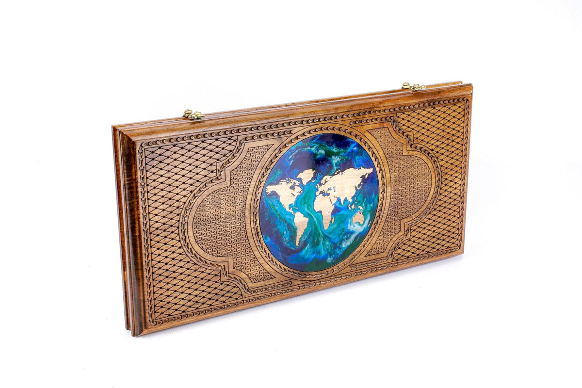 World Map Epoxy Backgammon Set, Walnut, 50 cm – photo 3